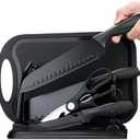Magicorange 7-Piece Kitchen Knife Set - 5 Black Stainless Steel Knives with Sheaths, Cutting Board, and a Knife Block- Stainless Steel Kitchen Knives with PP Ergonomic Handle (Matte Black)