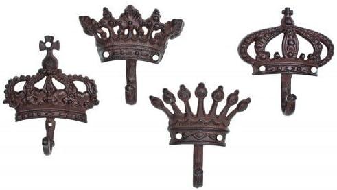 HomeOffice Cast Iron Crown Wall Hooks, Set of 4, 5" x 5"