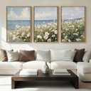 Anyzal Large Farmhouse Flower Framed Wall Art 16x24 Inch Coastal Wildflower Canvas Wall Decor Modern Landscape Painting for Living Room Bedroom Dining Room Set of 3