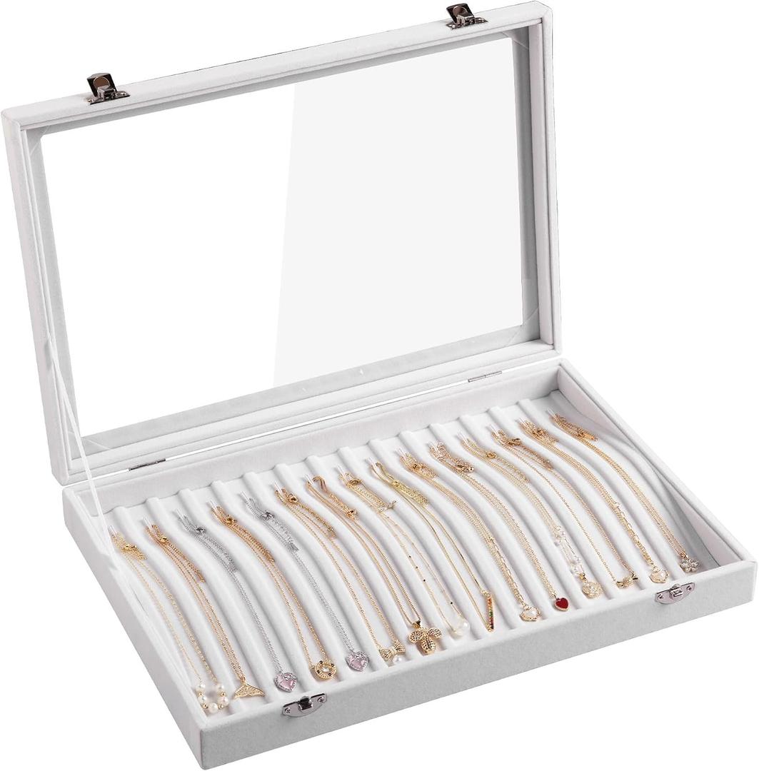 Frebeauty 15 Hooks Necklace Tray,Neckalce Organizer with Clear Lid,Velvet Necklace Holder Box,Jewelry Organizer for Pendants Chains,13.8x9.5x2 inches Necklace Jeweley Tray for Women (White)
