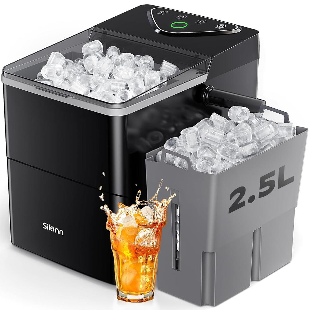 Silonn Countertop Ice Maker with Expanding Ice Basket, 9 Cubes in 6 Mins, 2.5L Ice Basket, Self-Cleaning Ice Maker with LED Touch Control, 2 Bullet Ice Sizes for Home, Kitchen, Office (Black)