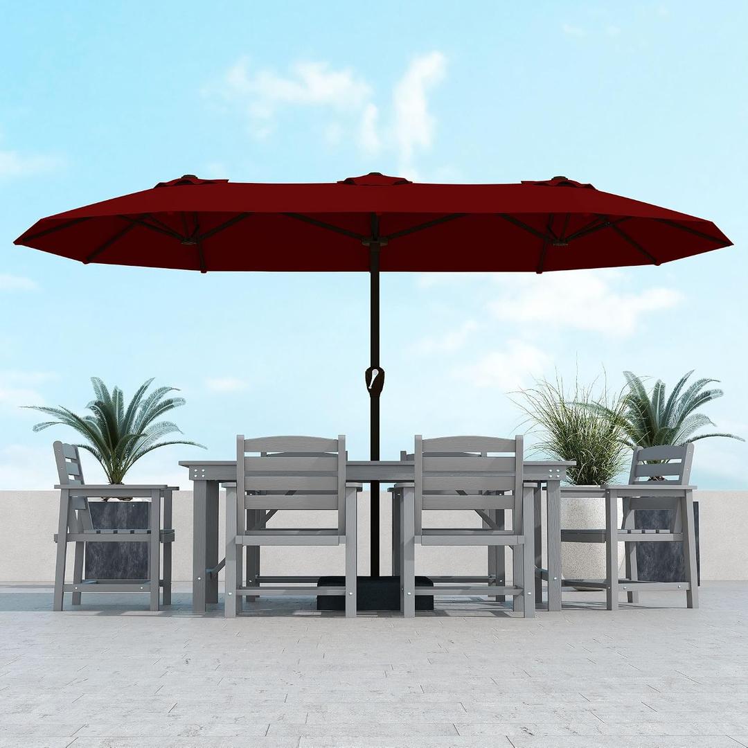 Kingdura 15ft Large Patio Umbrella with Base Included, Double-Sided Rectangle Outdoor Table Umbrella with 12 Reinforced Ribs, Crank Lift for Market Pool Deck Backyard, Dark Red