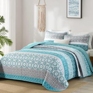 WONGS BEDDING Boho Quilt Set Full Size,Teal Bohemian Striped Patchwork Bedspread Set,3 Pieces Microfiber Bedding Set for All Seasons (78"x90")