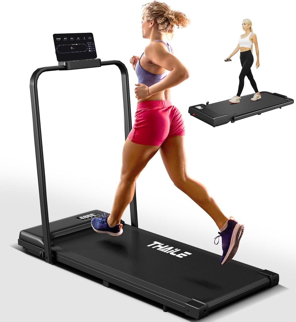 THAILE Walking Pad Treadmill with Handle Bar, 3 in 1 Folding Walking Pad, PortableTreadmill for Home Office with 330lbs Capacity, Bluetooth, App and Remote Control, 4/6mph (Black with Handle Bar)