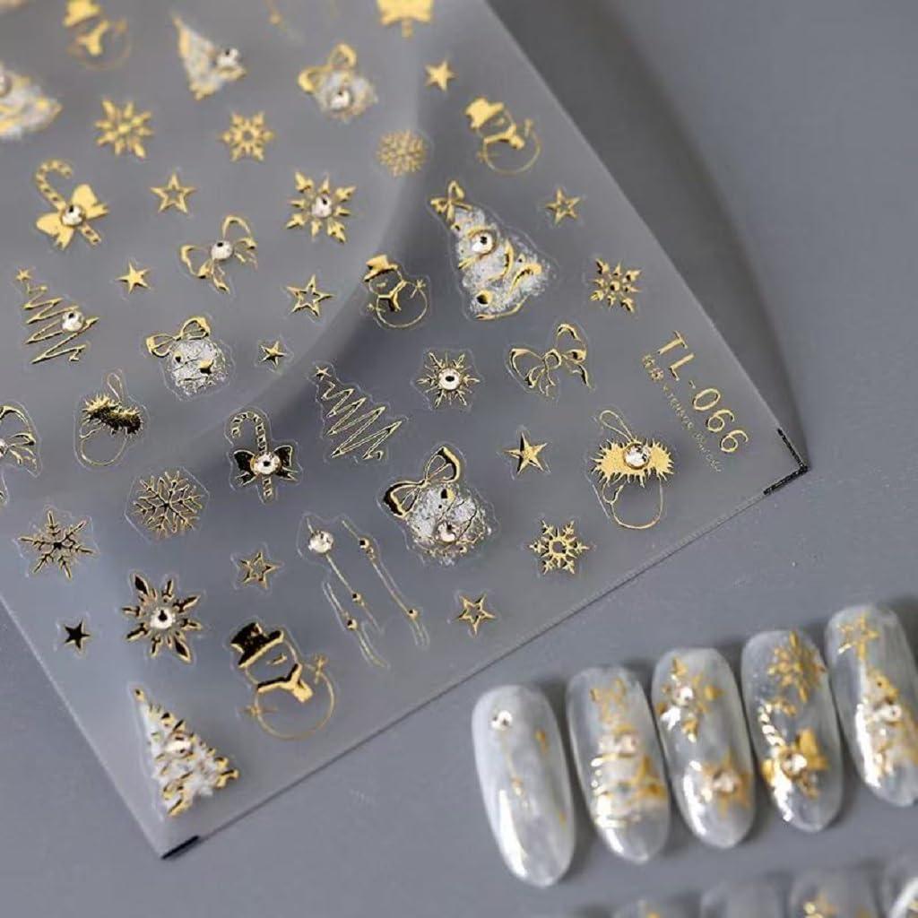 4 x Christmas Nail Art Stickers 5D Embossed Nail Art Decals Self-Adhesive Snowflake Xmas Tree Snowman Bow Star Pattern Nail Stickers Nail Supplies Decorations for Women(1 Sheet), (various stickers)
