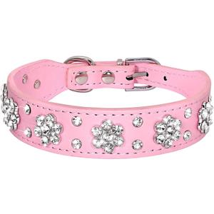 Serijoars Rhinestone Dog Collar, Cute Flower Rhinestone Bling Collar PU Leather Adjustable Sizes XS Small Medium (S, Pink)