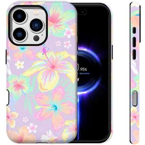 for iPhone 16 Pro Case [Compatible with MagSafe] 2-Layer Hard Shell Glossy Rugge Shockproof Protection Phone Case, Cute Floral Flower Hibiscus Purple