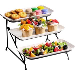 3-Tier White Ceramic Serving Trays with Black Metal Stand Set- Porcelain Dessert Serving Platters and Trays for Party, Tiered Fruit Tray Stand for Serving Food, 1 Stand + 3 Plates