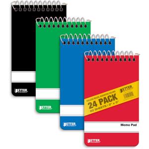 Spiral Memo Pads, 24 Pack, 3 x 5 inches, 60 Sheets, College Rule, by Better Office Products, Assorted Solid Colors, 24 Pack Spiral Memo Pads, 24 Pack, 3 x 5 inches, 60 Sheets, College Rule, by Better Office Products, Assorted Solid Colors, 24 Pack