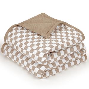 lulumoon Muslin Checkered Baby BlanketsLightweight Cotton Toddler Blanket - Ideal for Stroller 47"x47"Caramel Checkered