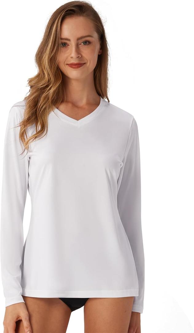 Women's Standard V-Neck UPF 50+ Long Sleeve Swim Rash Guard Shirt (White, S)