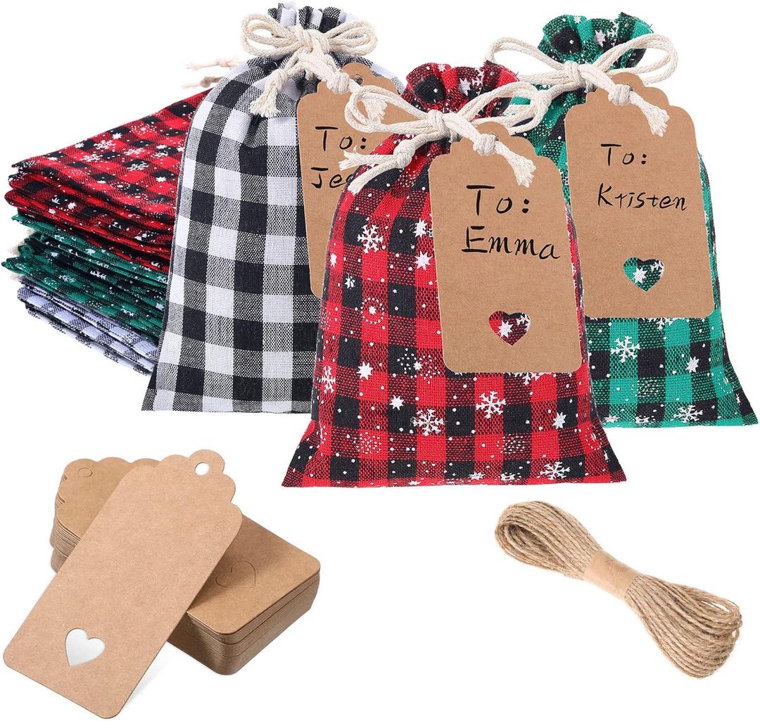 Shappy 24 Pcs Christmas Drawstring Bags Xmas Buffalo Plaid Burlap Candy Bags Linen Treat Bags with 32.8 ft Rope 24 Card(7 x 5 Inches,Assorted Color) (7 x 5 inches, Assorted Color)
