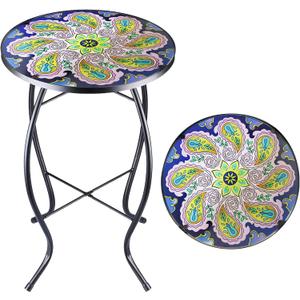 Arbuxzuy 12 Inch Small Outdoor Side Table with Purple Flower, Glass Mosaic Patio Table Indoor, Round Plant Coffee Table for Living Room, Balcony, Garden