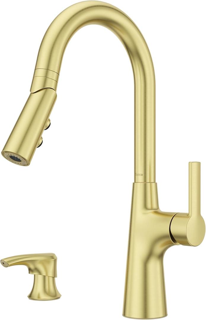 Pfister Tasso Kitchen Faucet with Pull Down Sprayer and Soap Dispenser, Single Handle, High Arc, NSF Certified, Brushed Gold Finish, F5297TSOBG