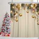 Christmas Shower Curtain for Bathroom 72x72inches Gold Pearls Snowflakes X-mas New Year Decor Shower Curtain Set with Hooks Green Leaves Waterproof Fabric Shower Curtain