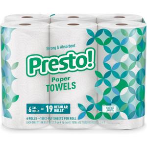 Amazon Brand - Presto! Ultra-Strong Premium Paper Towels, 158 Sheet Huge roll - Flex-a-Size, 6 Rolls, Equivalent to 19 Regular Rolls, White