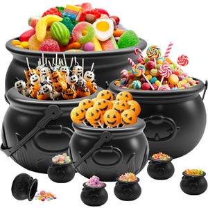 10 Pieces Set 12" 10" 8" 6" Plastic Black Cauldron Kettle with 6 Mini 2.8" Buckets, Large Witch Cauldron Pot for Halloween Decorations Trick or Treat Party Supplies, St Patrick's Day Party Favor