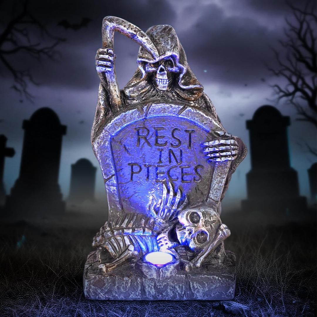 Solar Decorations Graveyard Tombstone LED Spot Light with Blue Glow,Halloween Outdoor Garden Light Halloween Party and Home Decor Grim Reaper