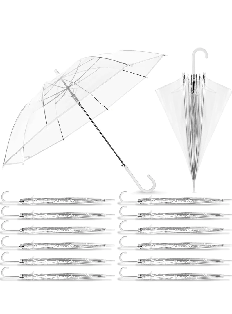 16 Pack Clear Wedding Umbrellas Bulk Transparent Auto Open Stick Umbrellas Windproof Waterproof Large Canopy Umbrella with White J Hook Handle for Wedding Bride Groom Photography Golf Outdoor 