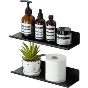 SAYAYO Black Floating Shelves for Wall Storage, 12 Inch Adhesive Wall Shelves for Bedroom Decor, Display Bathroom Shelf Organizer for Kitchen, Living Room, Office, 2pcs