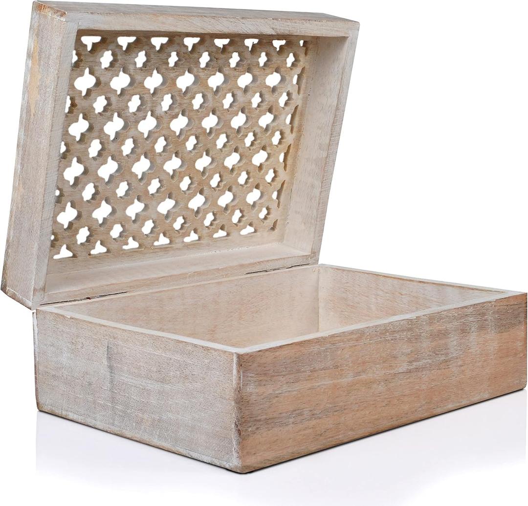 Mela Artisans Decorative Storage Box with Hinged Lid - Whitewash, XL | 10.5 x 7.5 x 4 | Rustic Trellis Design | Mango Wood Crafted | Ideal for Keepsakes, Trinkets, Jewelry and Other Stash
