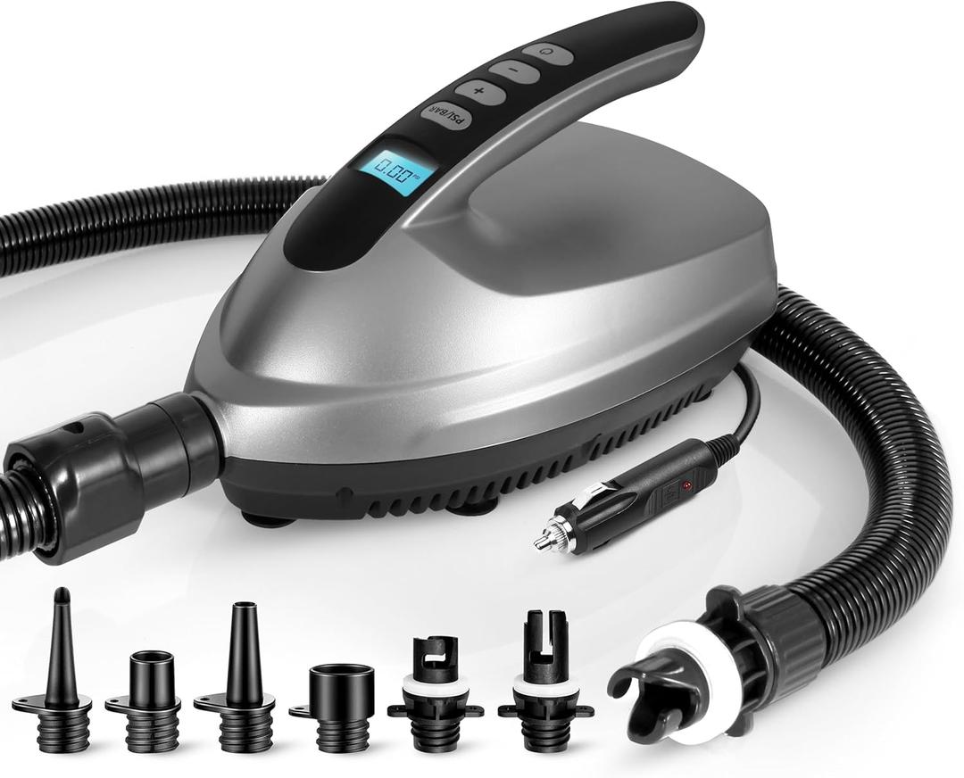 SereneLife Electric Paddle Board Pump  Portable 16 PSI Dual-Stage Air Compressor for Lightning-Fast Inflation, Auto-Off, LCD Display & 12V Car Connector  for SUPs, Boats & Inflatables (Silver)