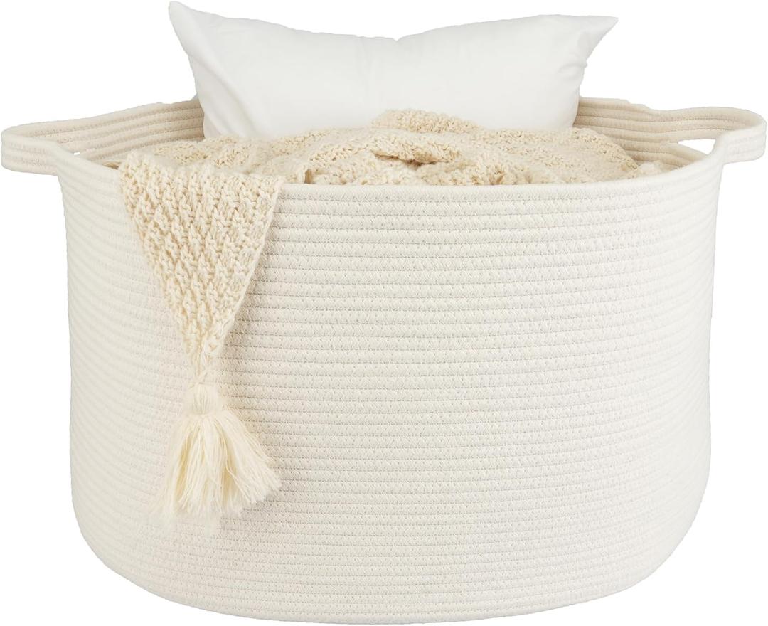 Large Cotton Rope Basket Blankets Basket Living Room 22"x14" Toy Basket for Kids and Dogs Rope Storage Basket for Nursery Woven Laundry Basket for Clothes Towels Baby Toy Storage round white