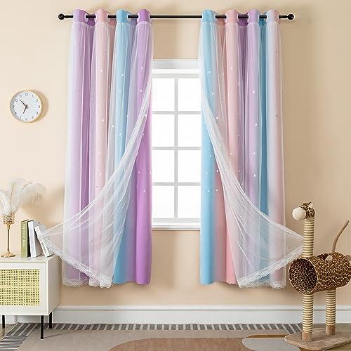 LUGOTAL Double Layer Blackout Curtains for Girls Bedroom - Princess Rainbow Kids Room Decor Pink Purple Stripe Star Blackout Curtains Panels, (34x63 Inches, 1 Panels)