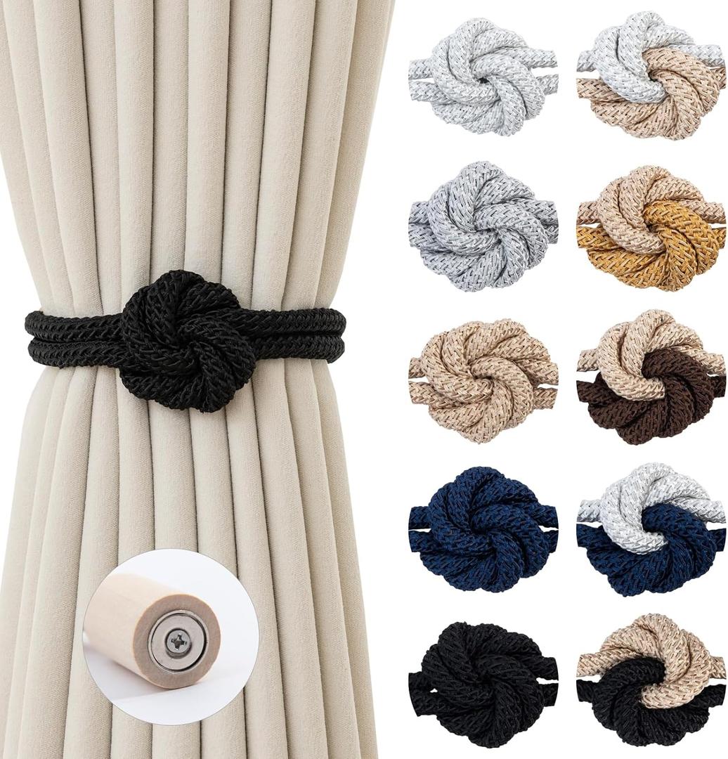 Magnetic Curtain Tiebacks Holdbacks - Wood Tie Backs Rope Holder with Floral Knot Design for No Drill Easy Install, Modern Boho Home Decor (6Pack, Black)