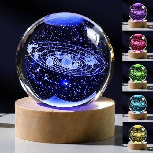 3D Solar System Crystal Ball with LED Colorful Lighting Touch Base, Solar System Model Decor Science Astronomy Gifts God Bless The World Easter Religious Space Gifts Decor