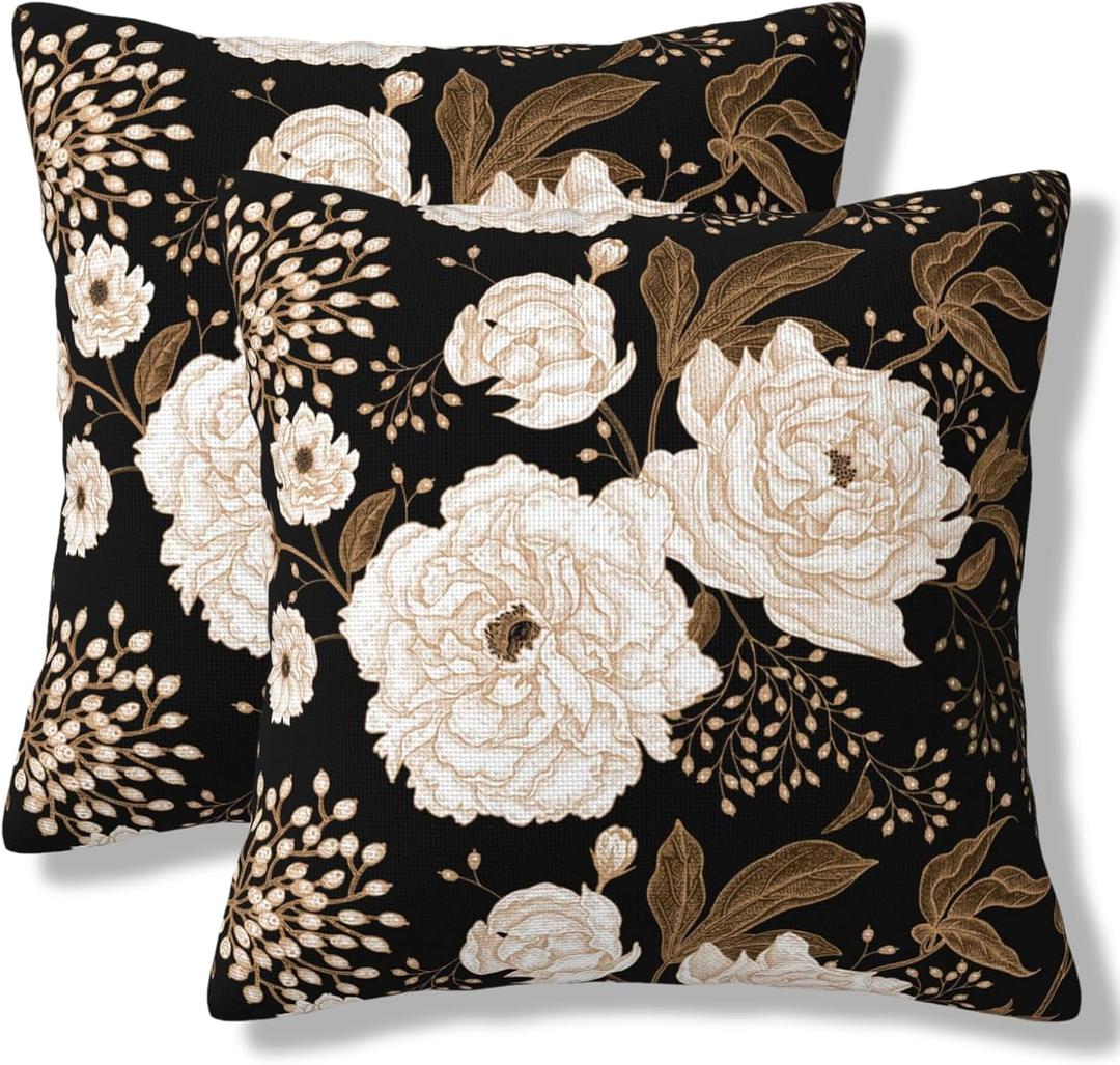 Black and Gold Flower Throw Pillow Covers Vintage Floral Botanical Aesthetic Square Pillow Cover 18x18 Inch Set of 2 Boho Floral Decorative Pillowcase Cushion Cases for Couch Sofa