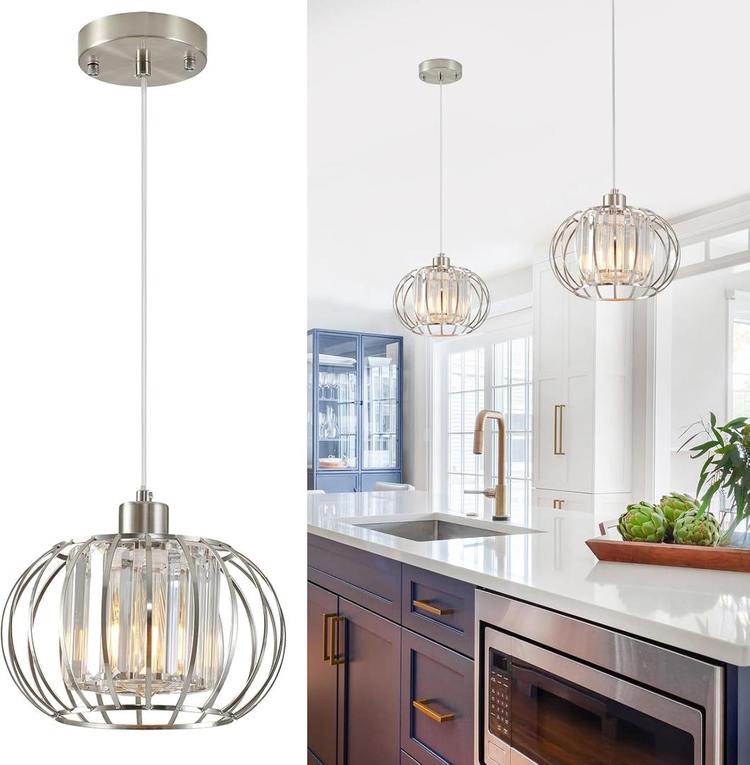 XSDeTu Brushed Nickel Pendant Light Fixtures, Modern Crystal Hanging Ceiling Light, Farmhouse Small Chandeliers, Metal Cage Pendant Lighting, Adjustable Pendant Lights Kitchen Island, Hallway