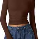 QINSEN Womens Mock Neck Long Sleeve Shirt Double Lined Basic Tees Side Ruched Going Out Crop Tops (X-Small, Brown(chestnut))