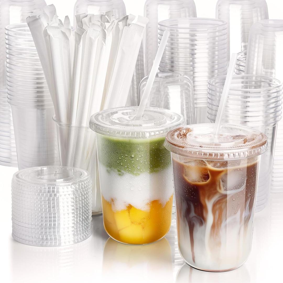 100 Pack 16 oz Round Bottom Plastic Cups with Lids and Straws, Disposable Coffee Cups with Lids, To Go Iced Coffee Cups with Lids, Disposable Cups for Party, Smoothie Cup for Cold Drinks