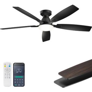 52 Inch Ceiling Fans with Lights, Remote & App Control, Quiet Reversible DC Motor, 6 Speeds, Dimmable 3CCT LED Light, Low Profile Flush Mount Ceiling Fan for Bedroom Living Room, Black