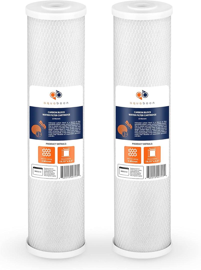 Aquaboon 4,5 x 20 inch Carbon Filter Cartridge - 5 Micron Coconut Shell CTO Big Blue Filter - Whole House Well Water Filtration - Matches DB20P, CTO20BB, Pentek FLOPLUS-20BB, 155312-43 (2 Pack)