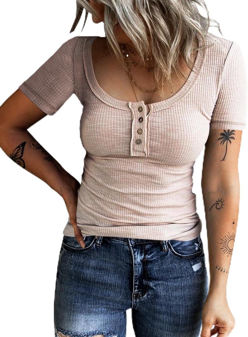 KINLONSAIR Womens Short Sleeve Henley T Shirts Button Down Slim Fit Tops Scoop Neck Ribbed Knit Shirts (M)