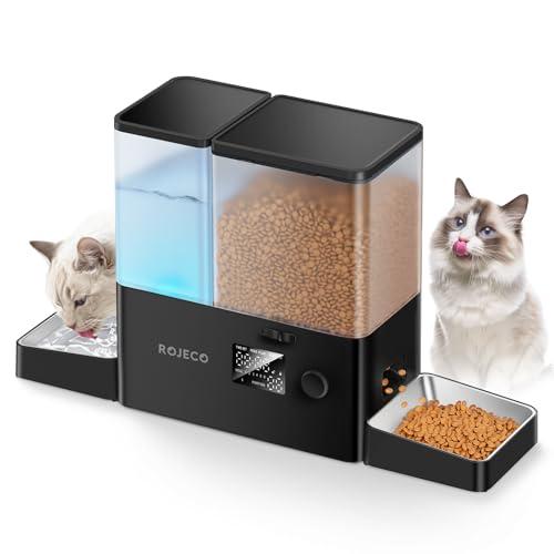 Rojeco 36Cups/8.5L Pet Automatic Cat Feeder and Gravity Water Dispenser,Stainless Steel Bowls 2-in-1 Set Large Capacity 5L Food Feeder and 3.5L Water Fountain for Cats,Pets,Small Dogs,Black