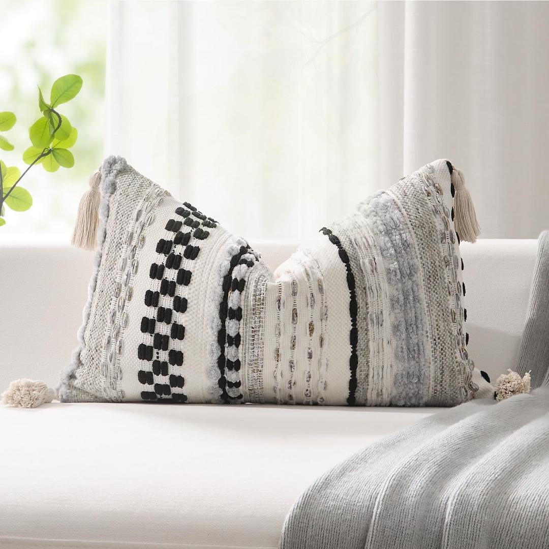 Kevin Textile Spring 12x20 Inch Lumbar Throw Pillow Cover 1 Pack Boho Decorative Soft Chenille Thread Woven Tufted Textured Rectangle Cushion Case Accent for Living Room Couch Sofa Bed, Black