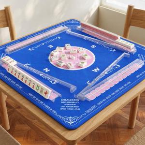 LXCREAT Blue Mahjong Mat for Table with 4 Racks 32" x 32", Anti-Slip Noise Reduction Mats for Card Poker Board Games Playing, Portable Foldable Mahjongg Table Pad for Party-Themed Game