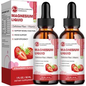 M inch Magnesium Glycinate Liquid, High Absorption Magnesium Liquid Drops with Cellulose Fiber, Bromelain, Vitamin B6, C, D, Zinc, Magnesium Supplement for Kids and Adults, Strawberry Flavor, 2 Pack