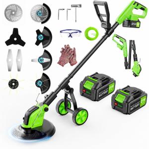 Kihoplly 12" Stringless Weed Wacker Cordless Eater, 21V 6000mAh Battery Powered Grass Trimmer Brush Cutter, 4-in-1 Wheeled Lawn Edger with Blades, Electric String Trimmer 2 Batteries and Charger