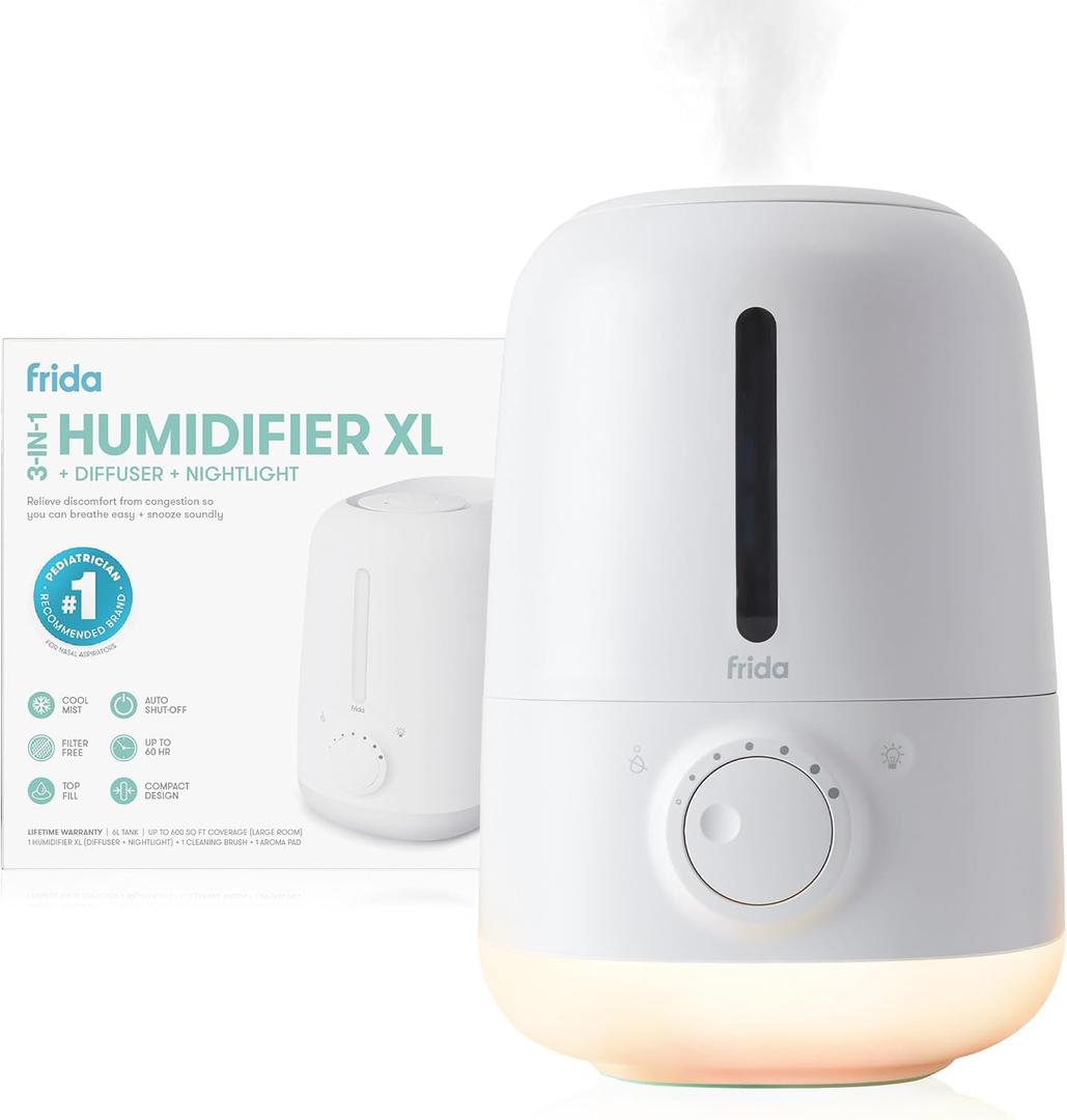 Frida Baby 3-in-1 XL Top Fill Humidifier for Bedroom, Cold & Flu Relief, 6L Tank Cool Mist Humidifier + Diffuser for Large Rooms, Mold Resistant, Nightlight, Auto-Off, Quiet, Essential Oil Diffuser, White