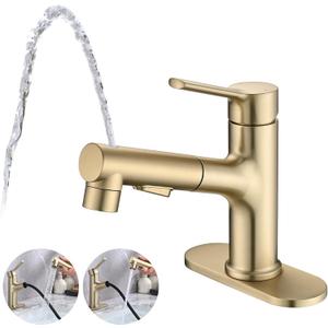 Bathroom Sink Faucet with Pull Out Sprayer, Single Handle Modern Bathroom Basin Faucet with Pop-up Sink Drain Stopper & Deck Plate 1 or 4-inch Centerset 3 Hole, Gold