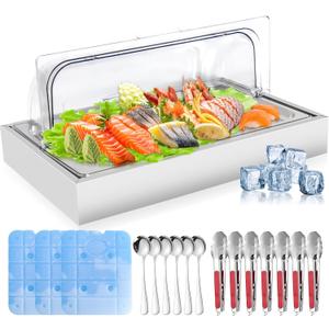 Ice Food Serving Display Tray, Portable Salad Bar Buffet Station for Home, Cold Food Buffet Server with Clear Roll Top Cover, Chilled Serving Trays for Parties, Hotel Kitchen,3 Ice Packs, 1 x 1 Pan