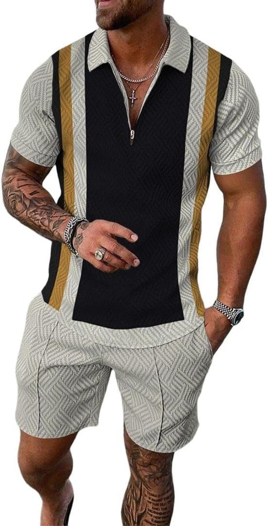 Mens Short Sets 2 Piece Outfits Short Sleeve Zipper Polo Shirt and Shorts Sets Casual Sport Summer Outfits Tracksuits (Gray)