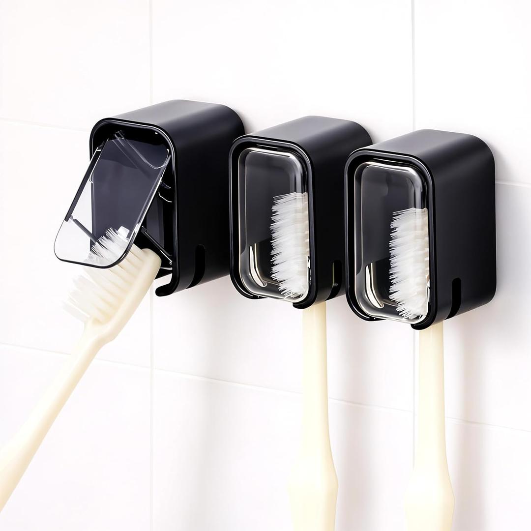 3PCS Toothbrush Holders Wall Mounted,Black Toothbrush Holders for Bathrooms with Cover, Self-Adhesive, Space-Saving, Waterproof, Quick Drying, Detachable for Easy Cleaning