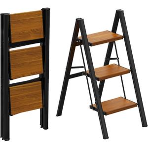 HBTower Step Ladder,Lightweight Aluminum Folding Step Stool with Anti-Slip Wide Pedal,330lbs Capacity Step Ladder for Household,Kitchen,Office - BlackWoodgrain