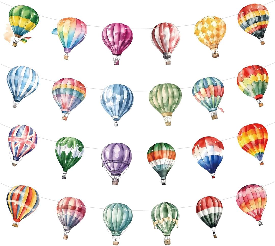 4 Packs Hot Air Balloon Theme Garland Banner Set  Watercolor Balloon Party Banner Balloons Birthday Bunting Decor for Wedding, Baby Shower,Adventure Theme Party,Travel Themed Celebrations, 24 Styles