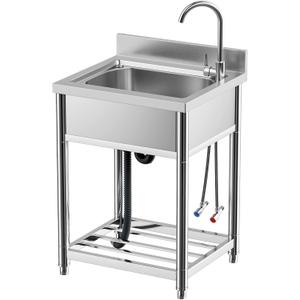 Free Standing Stainless-Steel Single Bowl Commercial Restaurant Kitchen Sink Set w/Faucet, Prep & Utility Washing Hand Basin w/Storage Shelve, laundry tub for Indoor Outdoor (22in), Easy-clean Round - Pressed